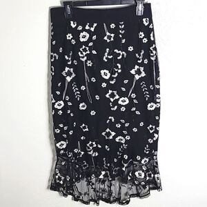 Thalia Sodi Black Midi-Skirt, White Embroidered Flowers, Sheer Ruffle, Sz 8